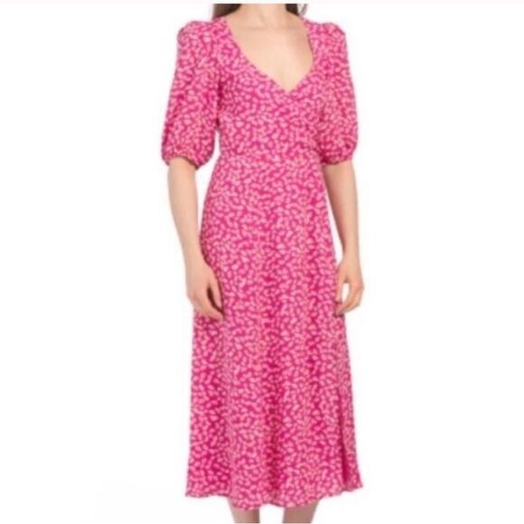 WAYF Pink Midi Dress with Daisy Pattern and Puff Sleeves - Picture 1 of 8